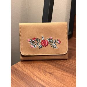 Tan Faux Suede Wallet with Floral Embroidery Keyring Boho Cottagecore Aesthetic